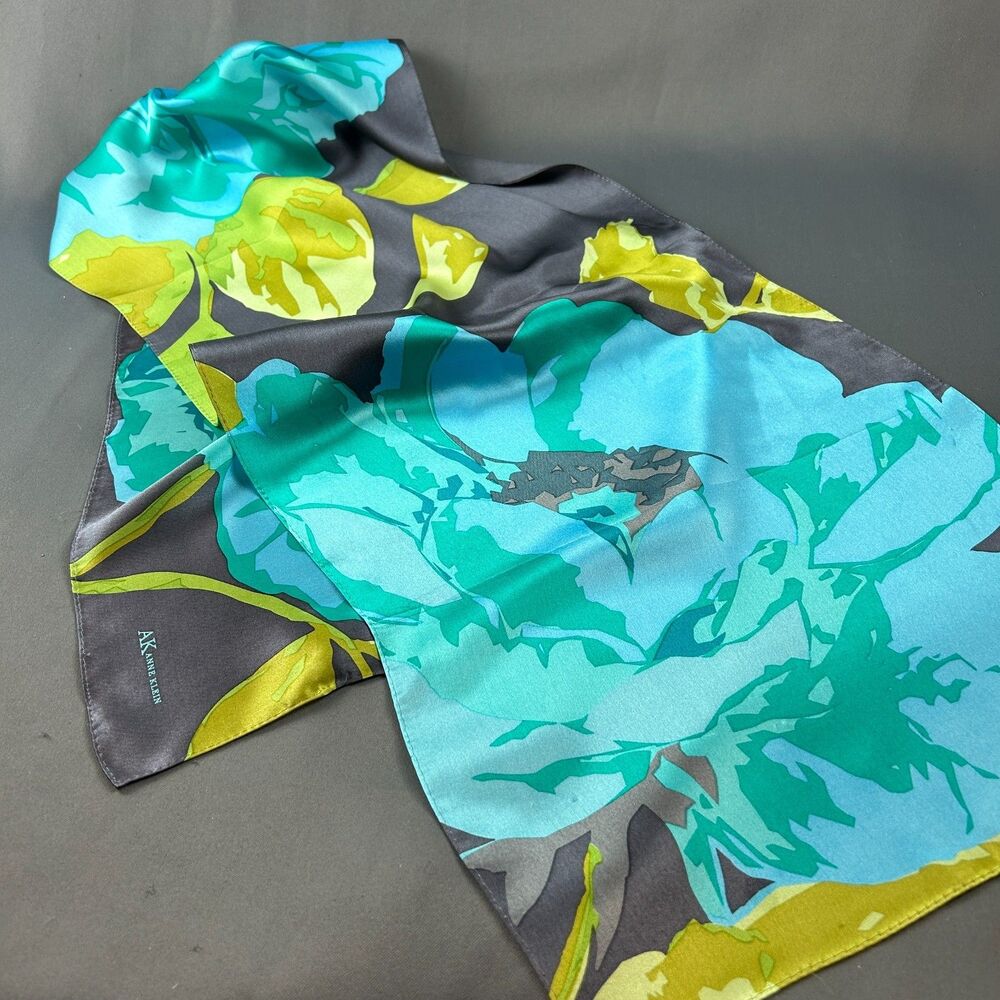 Anne Klein Silk Scarf Gray Blue Green Graphic Floral Print 13" X 62" Rectangle
